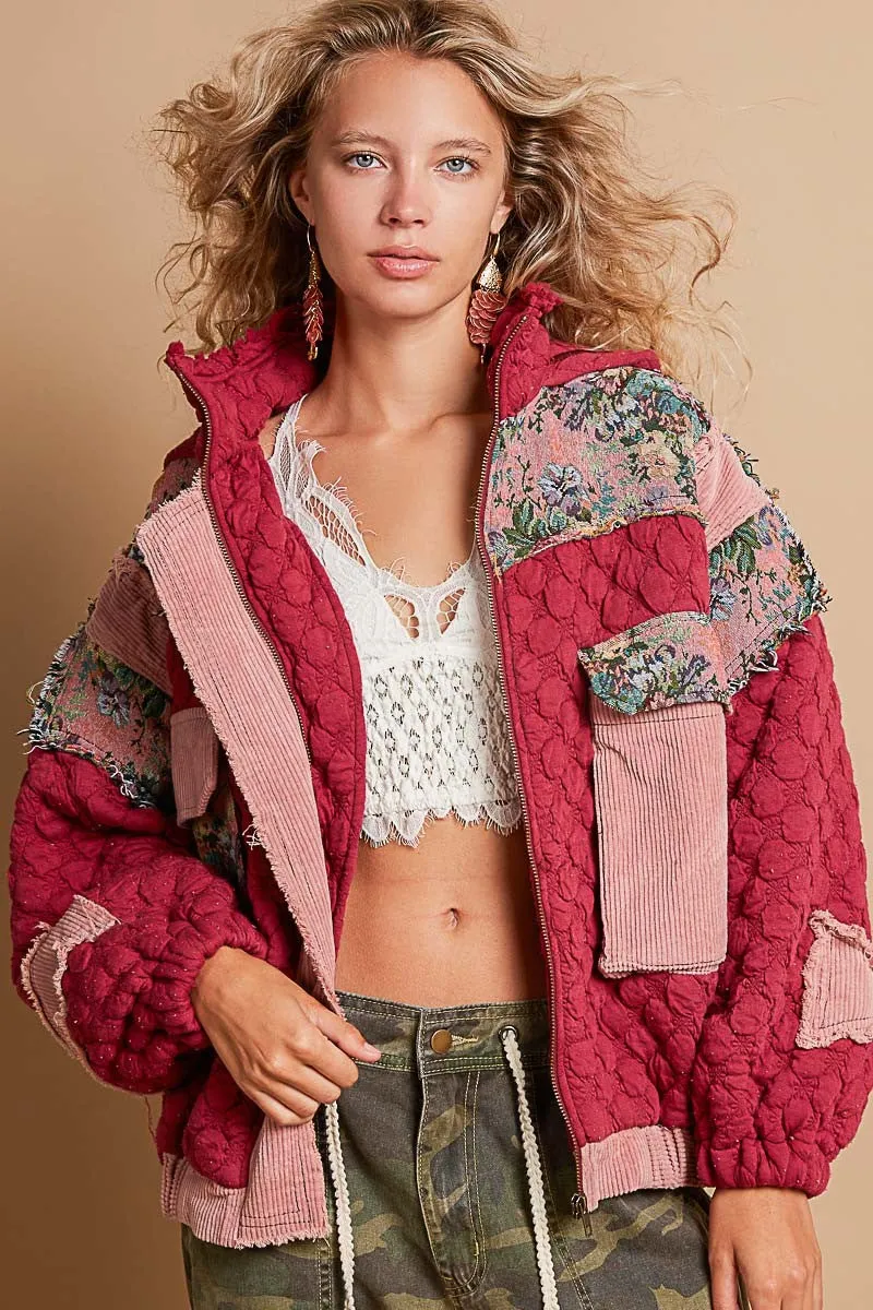 POL Quilted Jacket with Floral Print and Corduroy Details in Magenta Multi ON ORDER