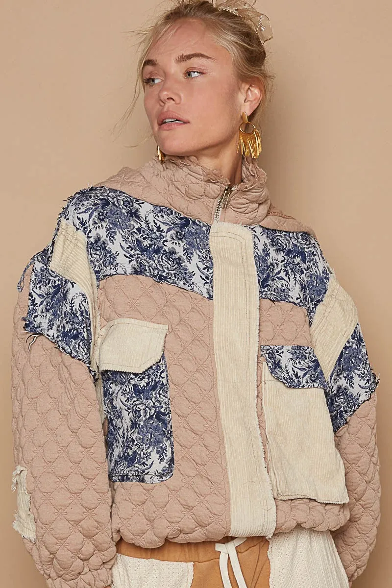 POL Quilted Jacket with Floral Print and Corduroy Details in Tan Multi