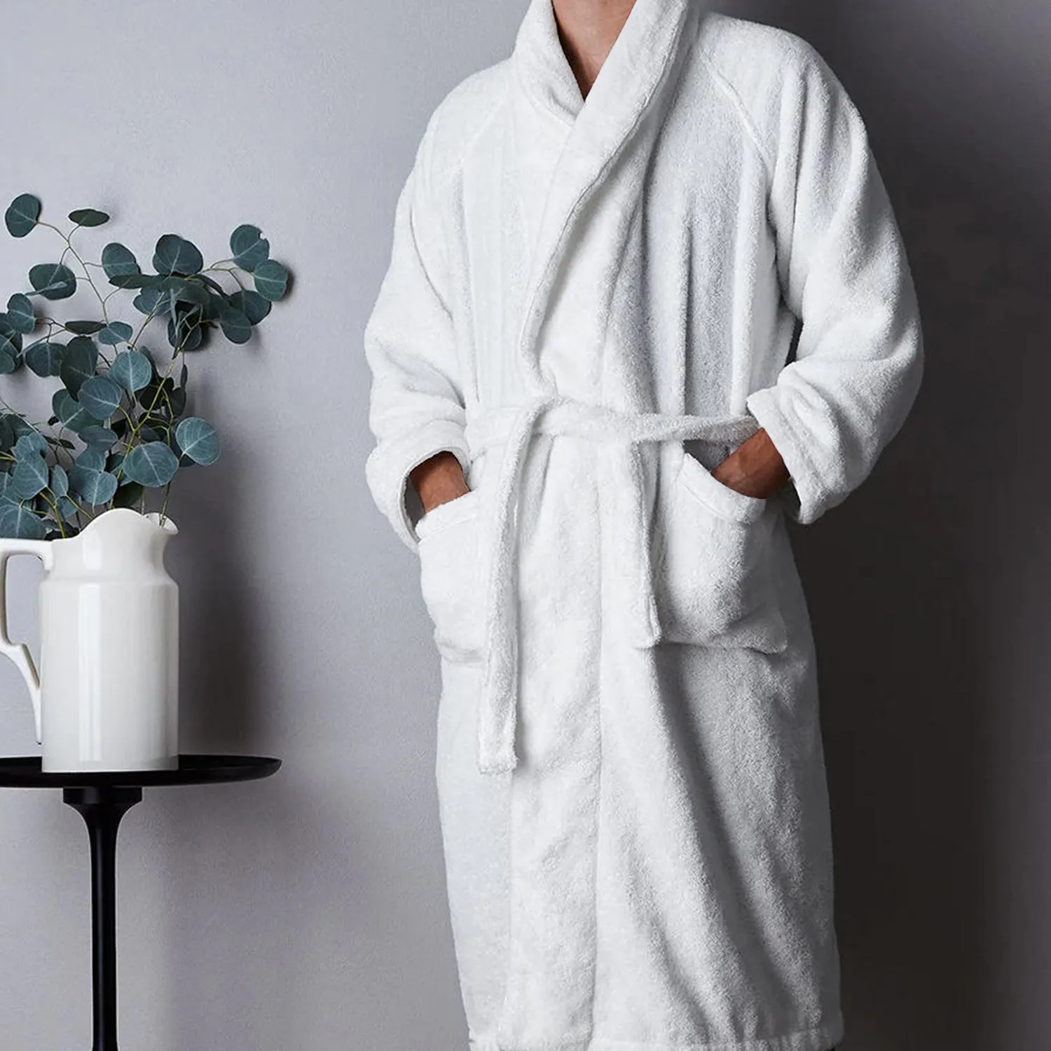 Premium Cotton White Terry Bathrobe with Pockets Suitable for Men and Women, Soft & Warm Terry Home Bathrobe, Sleepwear Loungewear, One Size Fits All