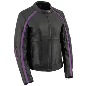 PURPLE Leather ML1952 Women's Black and Purple Embroidered and Stud Design Scooter Jacket