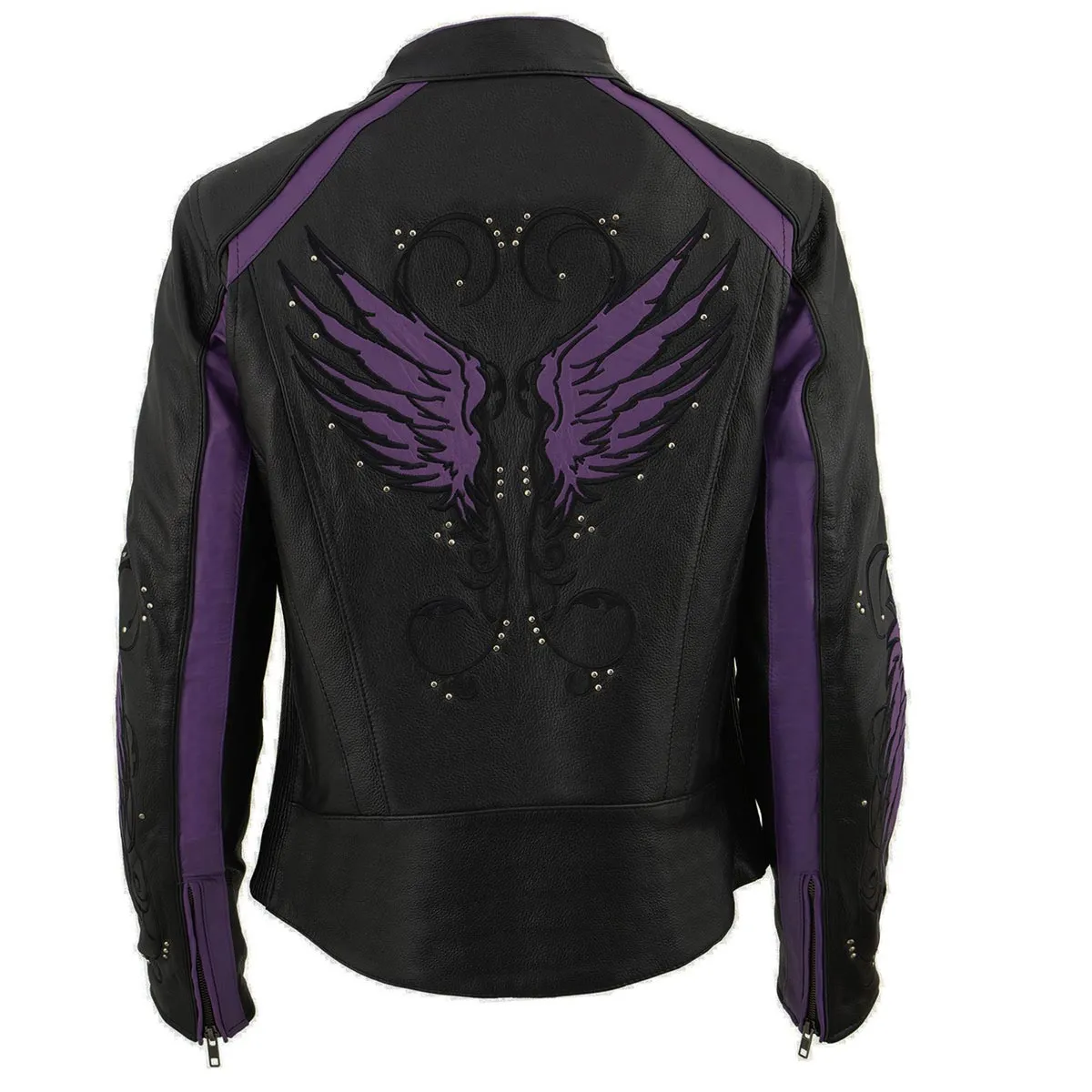 PURPLE Leather ML1952 Women's Black and Purple Embroidered and Stud Design Scooter Jacket