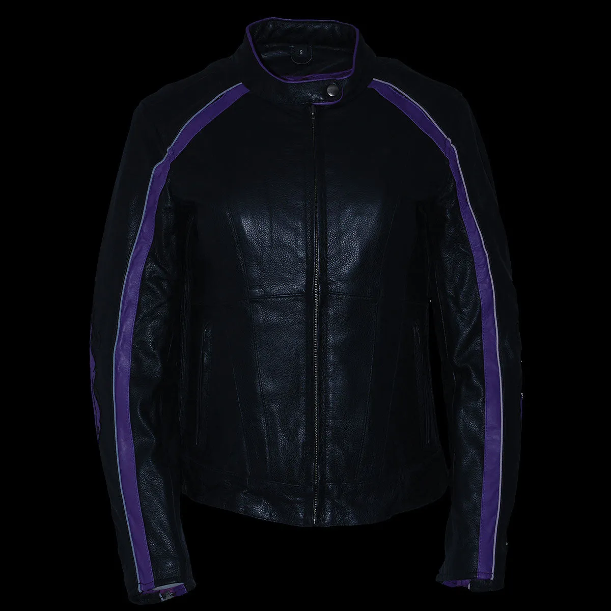 PURPLE Leather ML1952 Women's Black and Purple Embroidered and Stud Design Scooter Jacket