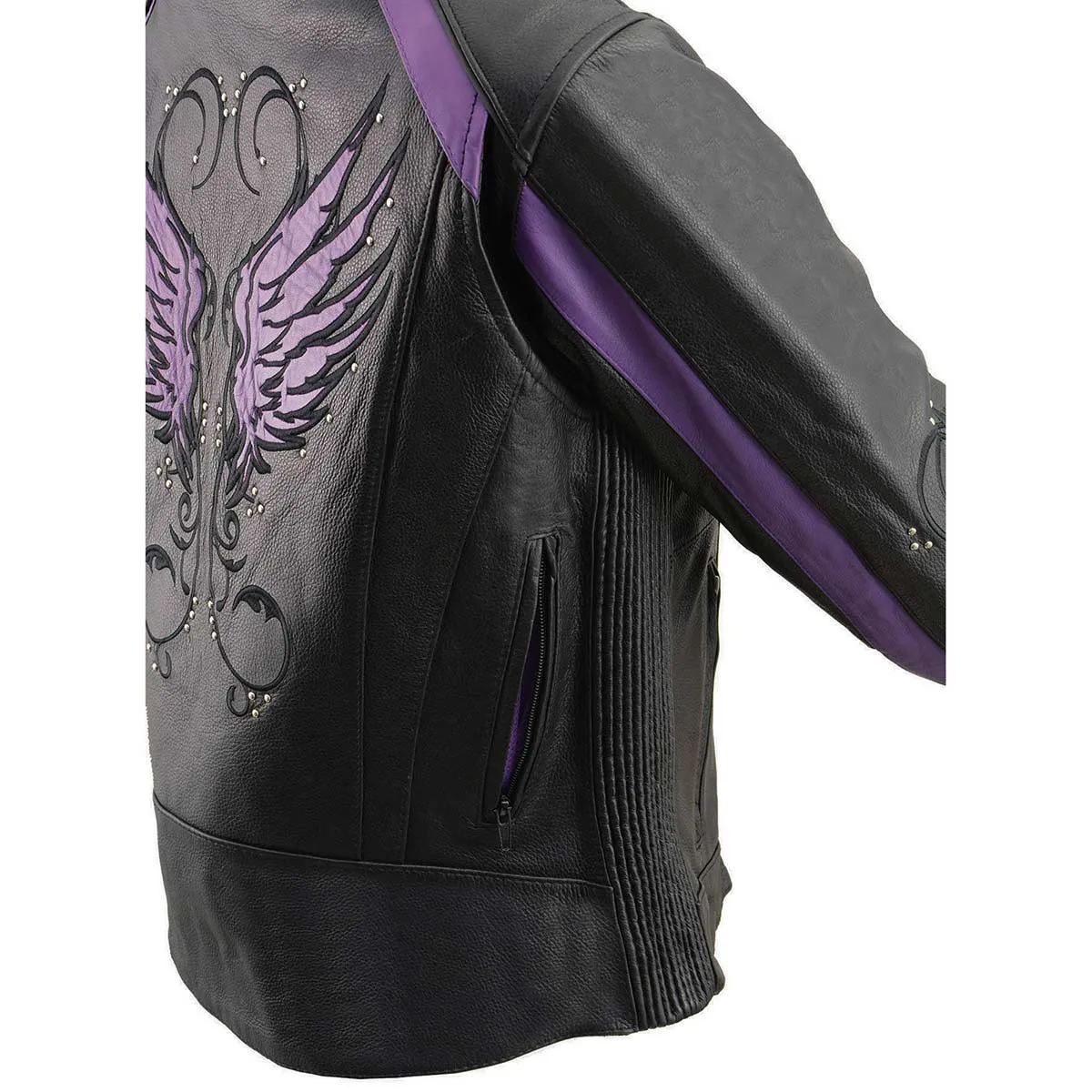 PURPLE Leather ML1952 Women's Black and Purple Embroidered and Stud Design Scooter Jacket