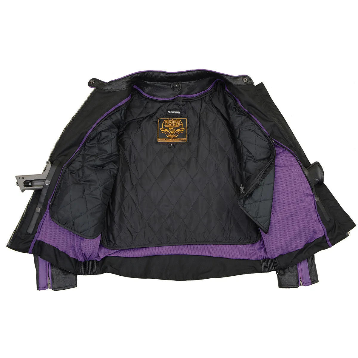 PURPLE Leather ML1952 Women's Black and Purple Embroidered and Stud Design Scooter Jacket