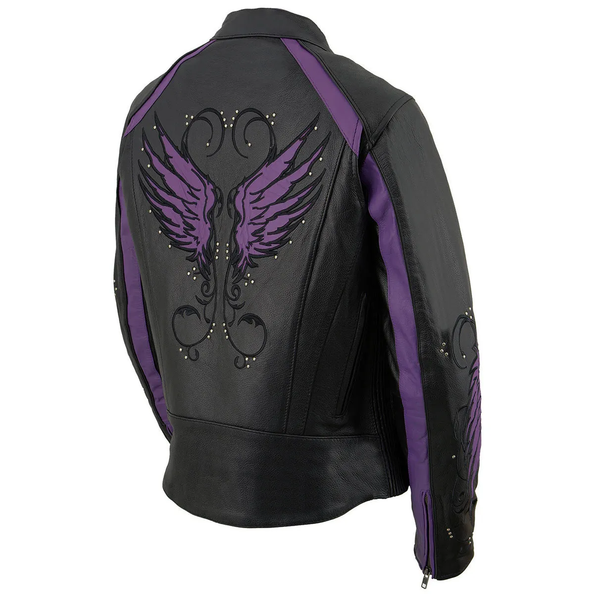 PURPLE Leather ML1952 Women's Black and Purple Embroidered and Stud Design Scooter Jacket