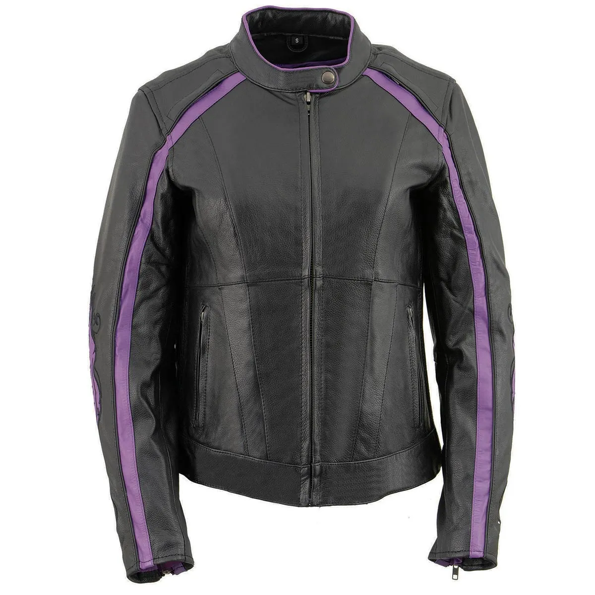 PURPLE Leather ML1952 Women's Black and Purple Embroidered and Stud Design Scooter Jacket