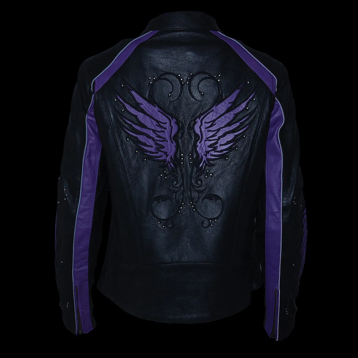 PURPLE Leather ML1952 Women's Black and Purple Embroidered and Stud Design Scooter Jacket