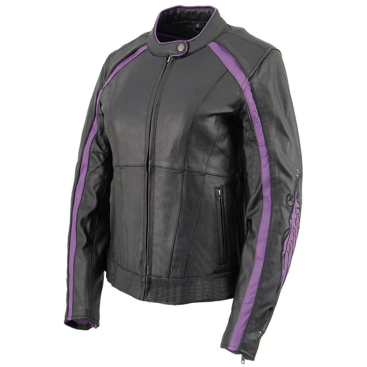 PURPLE Leather ML1952 Women's Black and Purple Embroidered and Stud Design Scooter Jacket