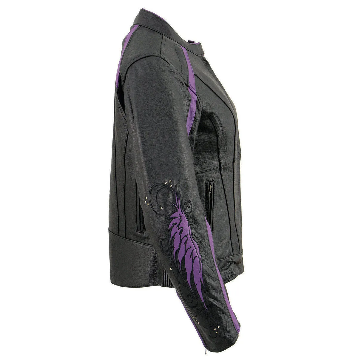 PURPLE Leather ML1952 Women's Black and Purple Embroidered and Stud Design Scooter Jacket