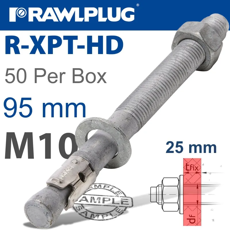 RAWLPLUG R-XPT HOT DIP GALVANIZED THROUGHBOLTS M10X95MM X50 PER BOX RAW R-XPT-HD-10095-25