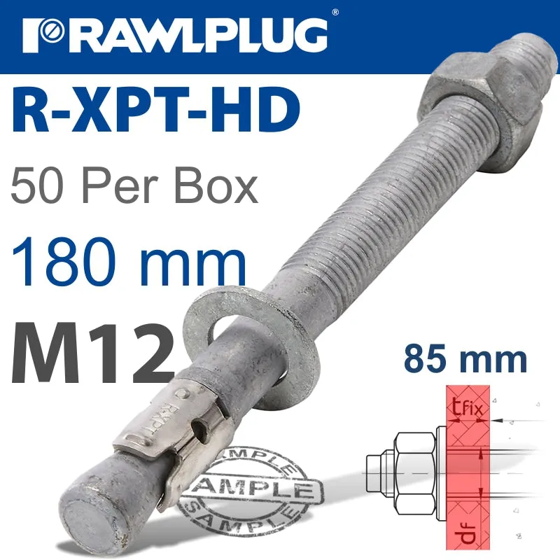 RAWLPLUG R-XPT HOT DIP GALVANIZED THROUGHBOLTS M12X180MM X50 PER BOX RAW R-XPT-HD-12180-85