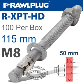 RAWLPLUG R-XPT HOT DIP GALVANIZED THROUGHBOLTS M8X115MM X100 PER BOX RAW R-XPT-HD-08115-50