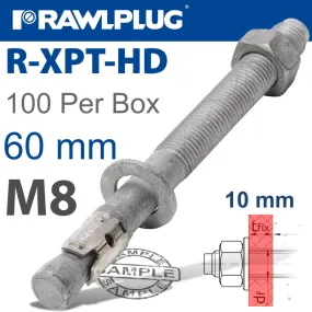 RAWLPLUG R-XPT HOT DIP GALVANIZED THROUGHBOLTS M8X60MM X100 PER BOX RAW R-XPT-HD-08060-10