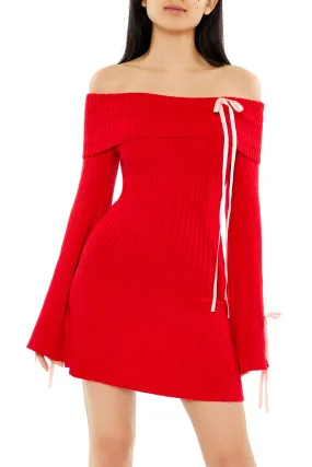 Ribbed Off Shoulder Bow Sweater Dress