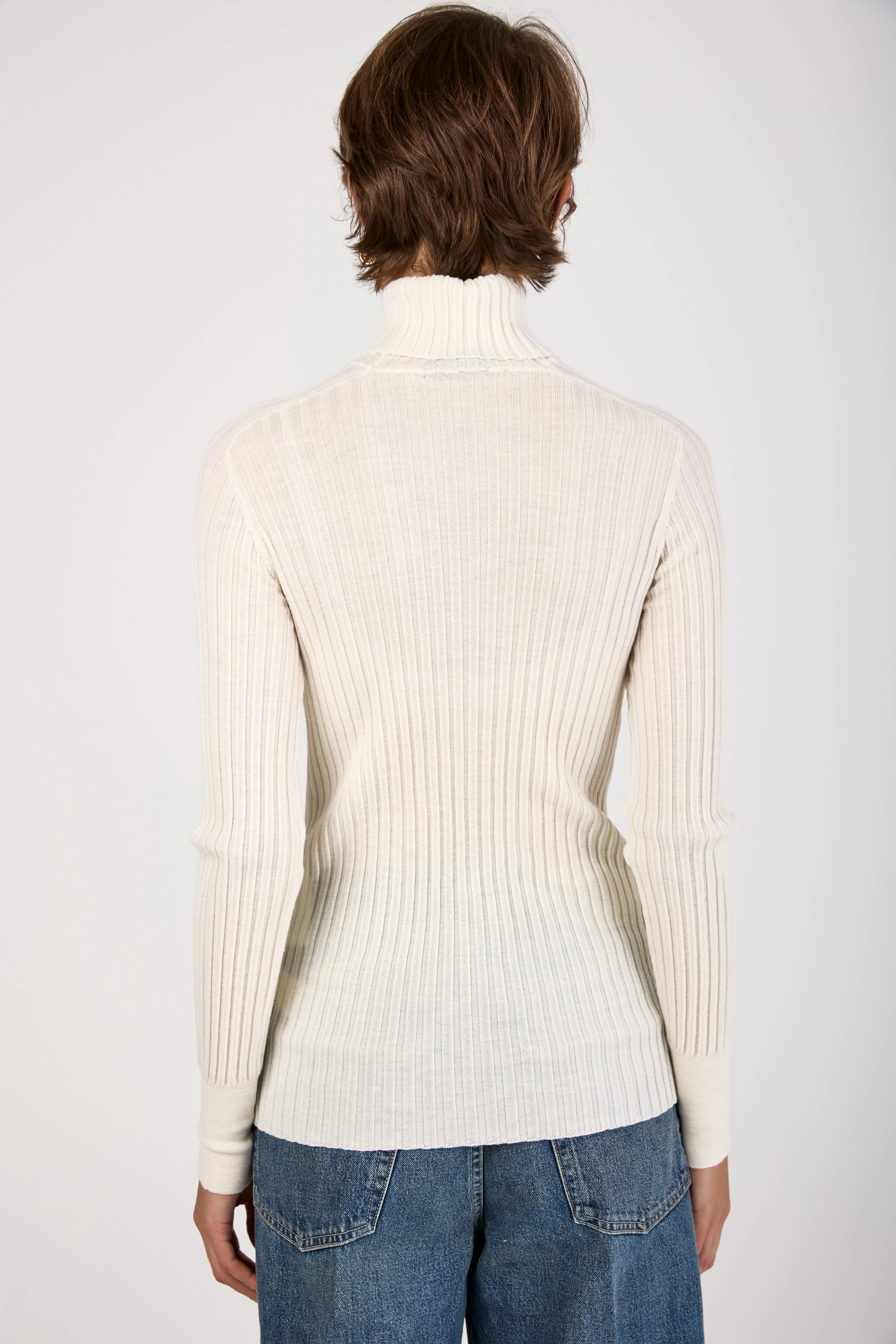 Ribbed Turtleneck Wool Knit Sweater in Ice