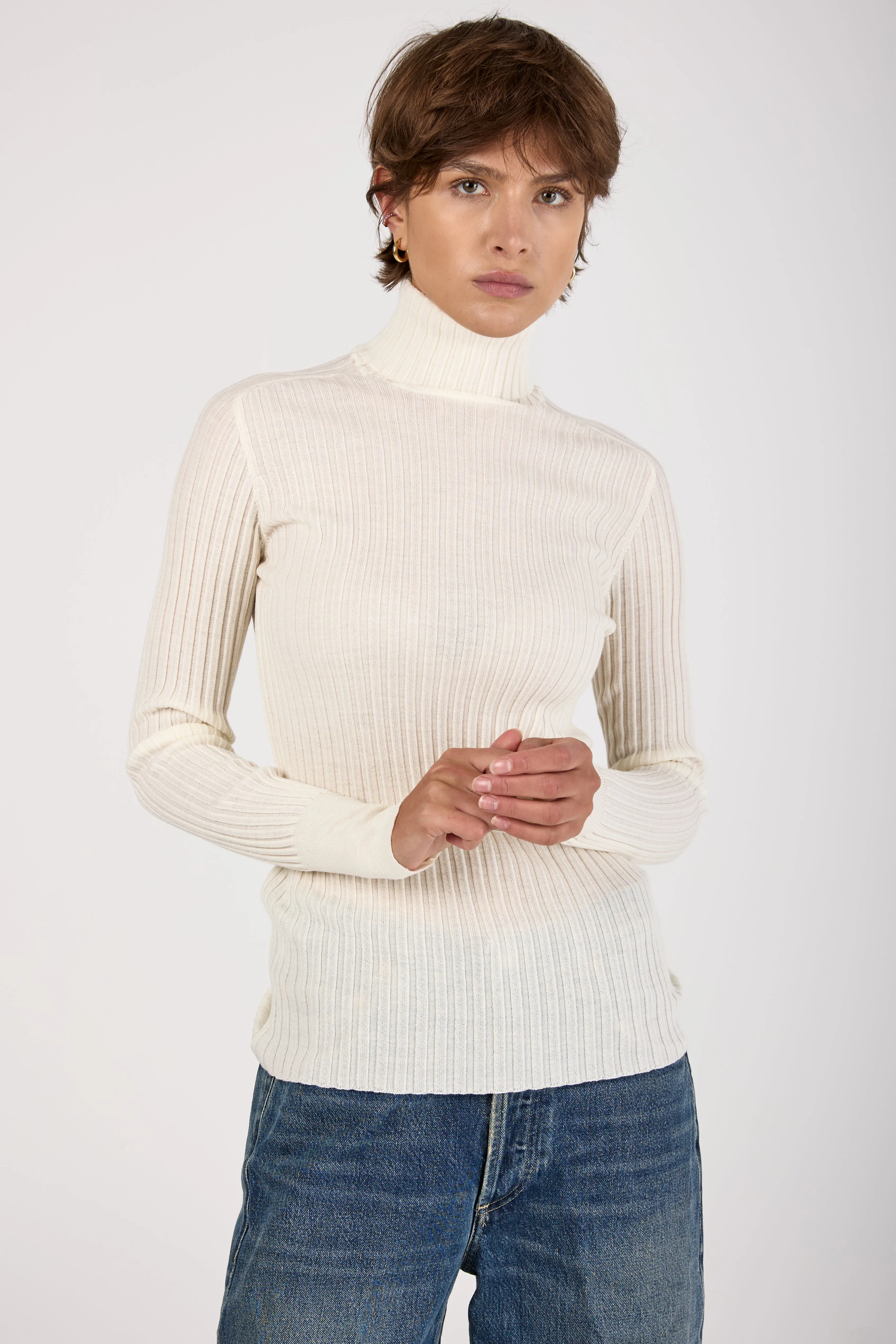 Ribbed Turtleneck Wool Knit Sweater in Ice