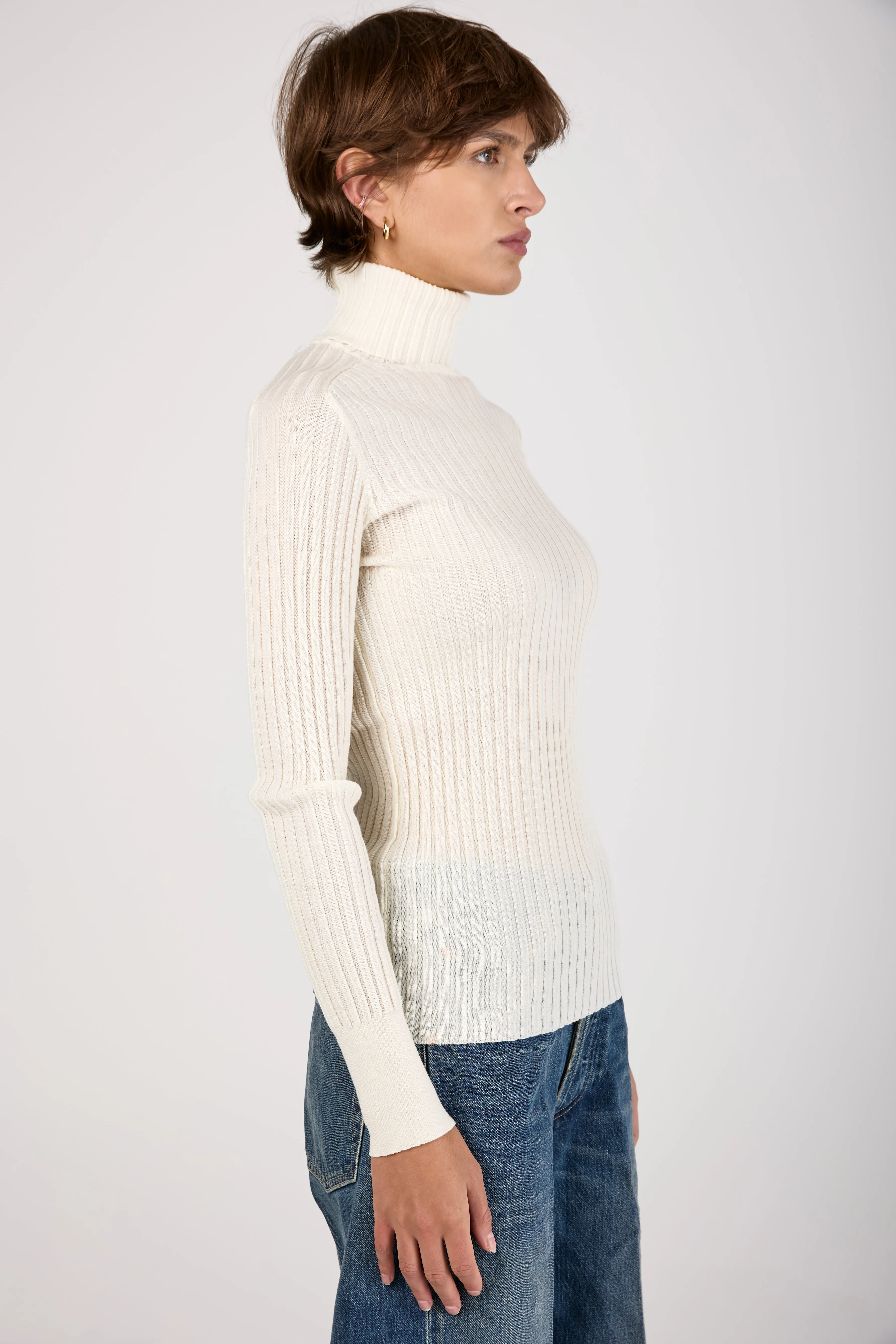 Ribbed Turtleneck Wool Knit Sweater in Ice