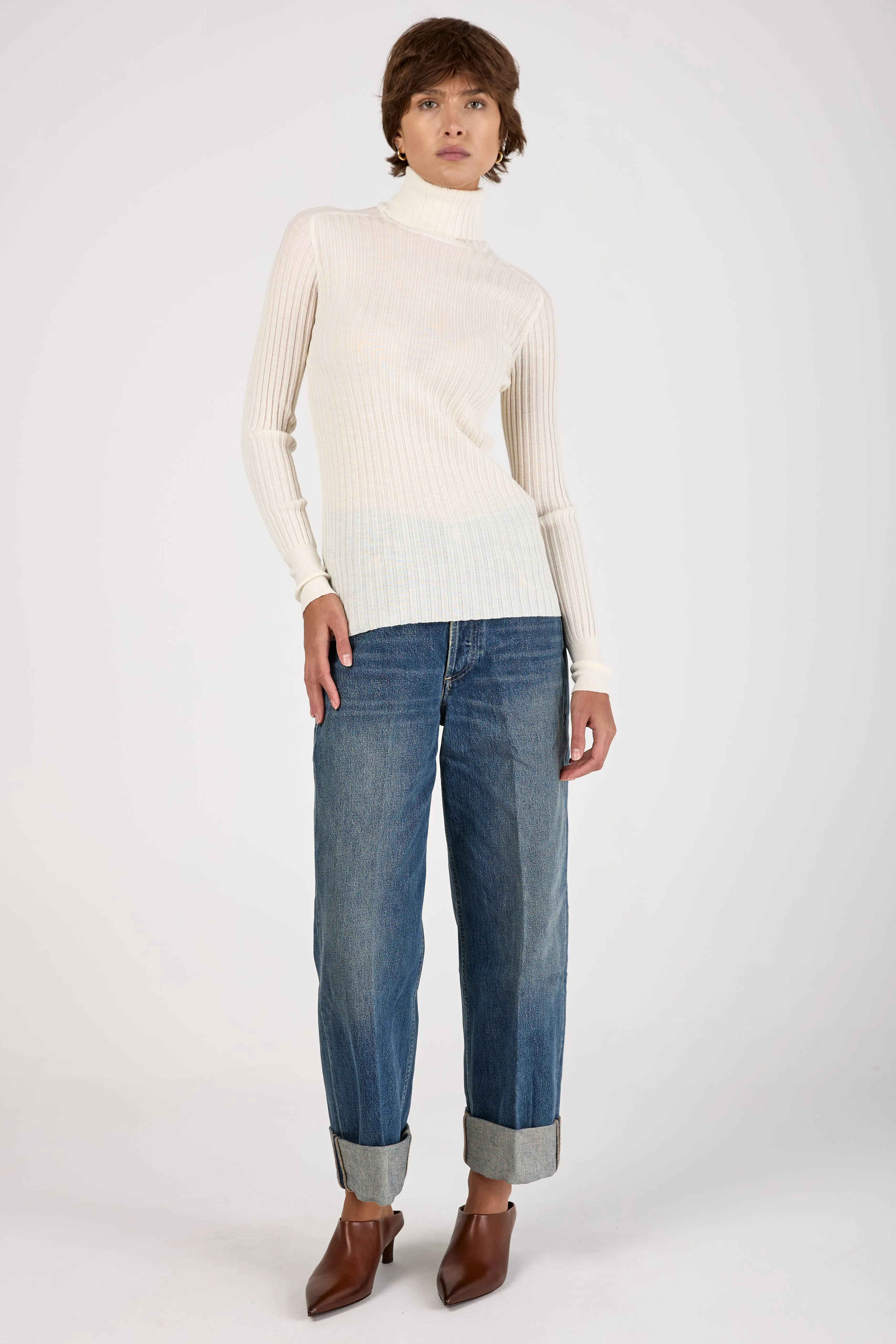 Ribbed Turtleneck Wool Knit Sweater in Ice