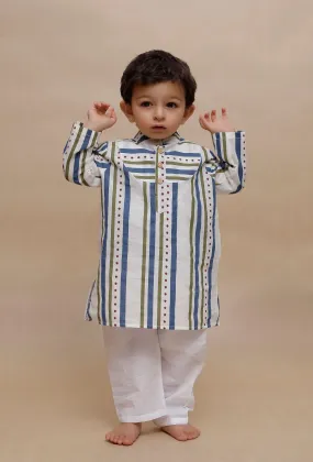 Set of 2: Off-White Multi Color Striped Kurta with off-white Pant