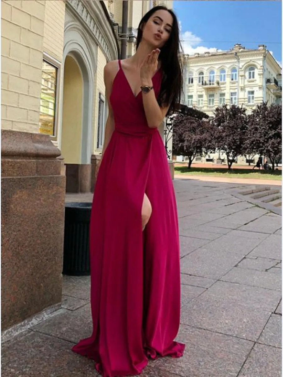 Simple A Line V Neck Green/Burgundy Long Prom with High Slit, V Neck Green/Burgundy Formal Graduation Evening