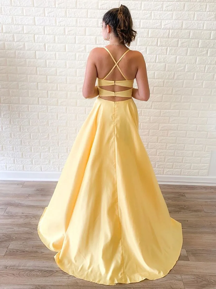 Simple A Line Yellow Long Prom with High Split, Yellow Formal Graduation Evening, Yellow Bridesmaid