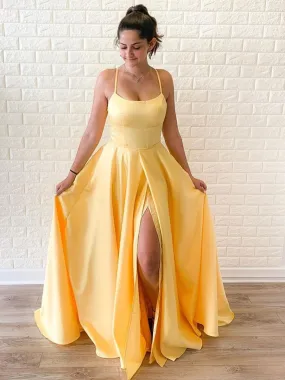 Simple A Line Yellow Long Prom with High Split, Yellow Formal Graduation Evening, Yellow Bridesmaid