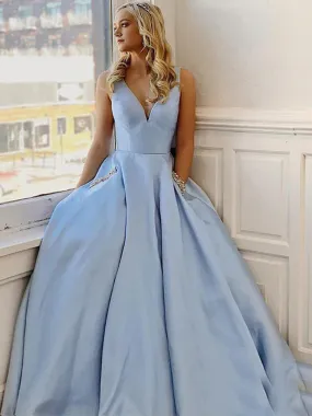 Simple V Neck Light Blue Satin Long Prom Dresses, V Neck Light Blue Formal Graduation Evening Dresses