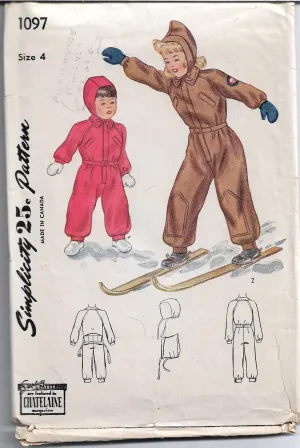 Simplicity 1097 Girls Boys Snow Suit Vintage Sewing Pattern 1940s Unprinted