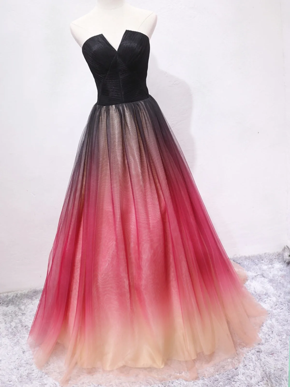 Strapless A Line V Neck Open Back Ombre Long Prom, Long Ombre Formal Graduation Evening