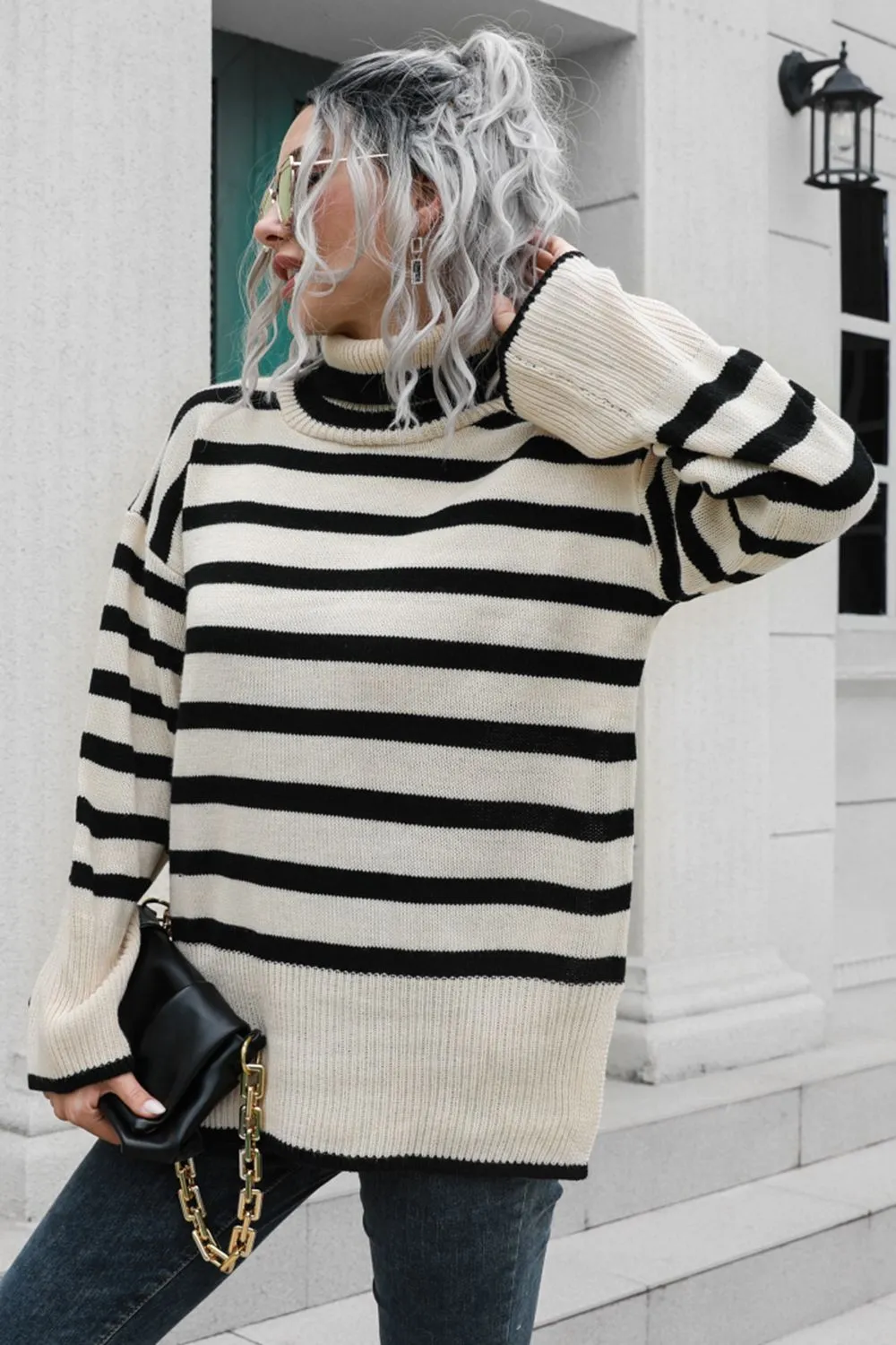 Striped Turtleneck Drop Shoulder Sweater