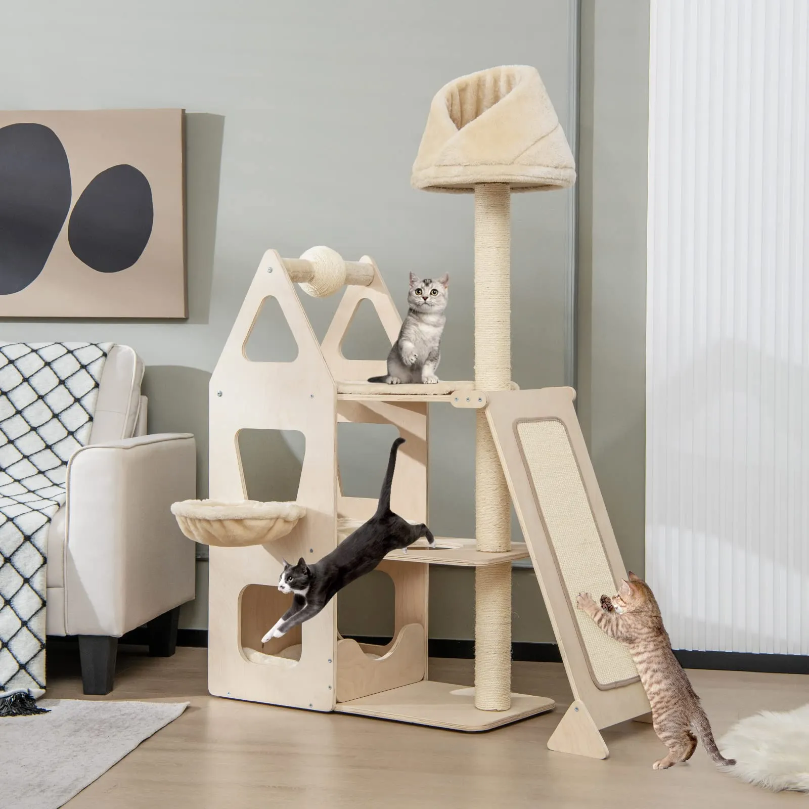 Tangkula Modern Wood Cat Tree for Indoor Cats, 64 Inch Multi-Level Tall Cat Tree with Scratching Rotatable Ball & Posts