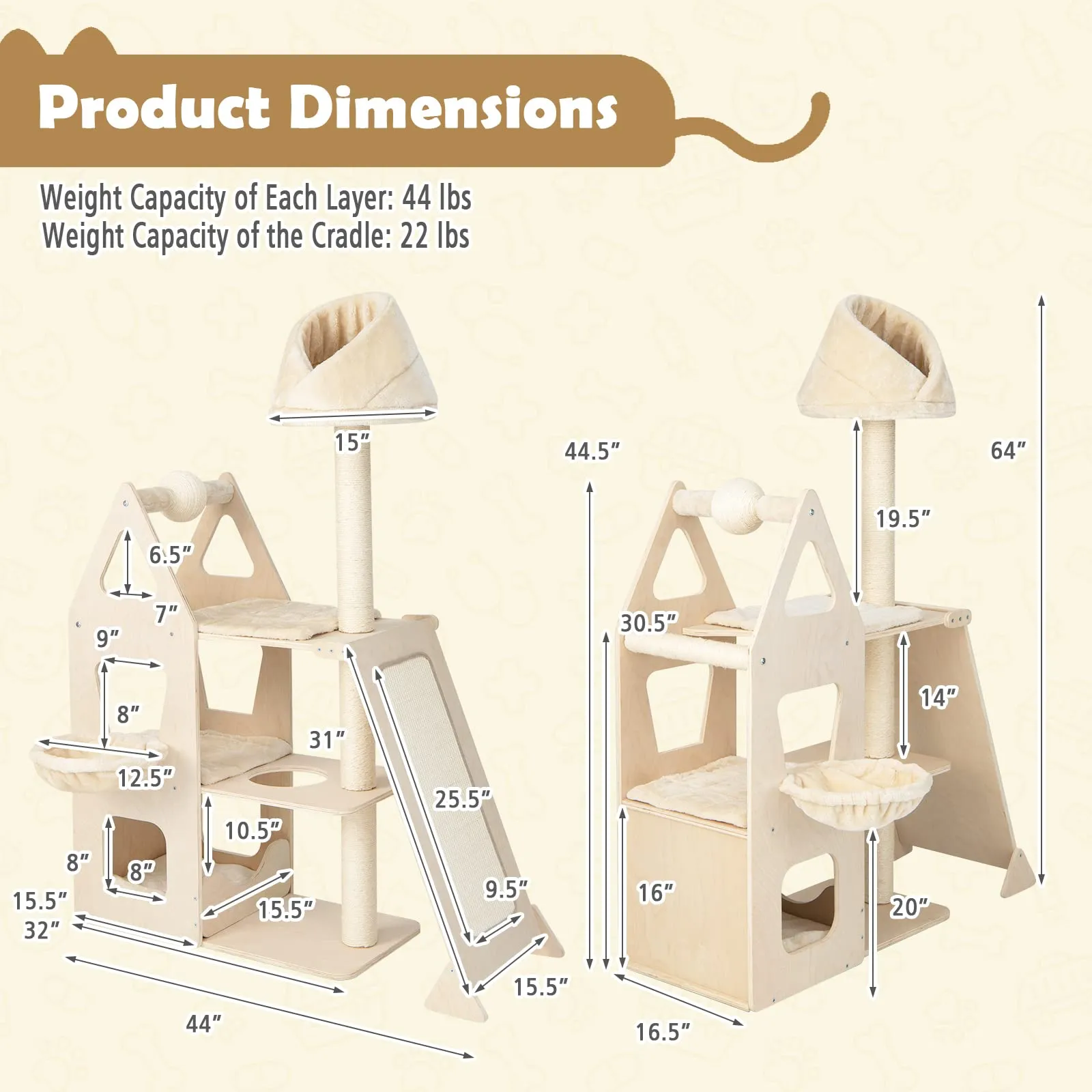 Tangkula Modern Wood Cat Tree for Indoor Cats, 64 Inch Multi-Level Tall Cat Tree with Scratching Rotatable Ball & Posts