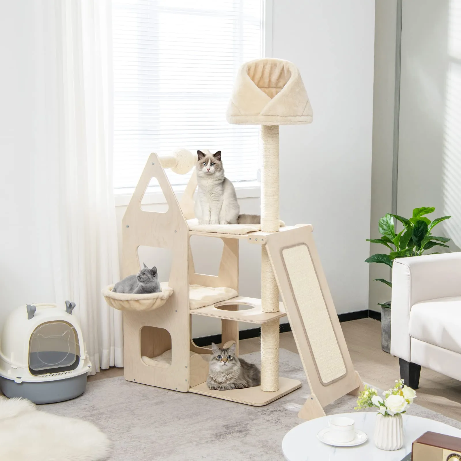 Tangkula Modern Wood Cat Tree for Indoor Cats, 64 Inch Multi-Level Tall Cat Tree with Scratching Rotatable Ball & Posts