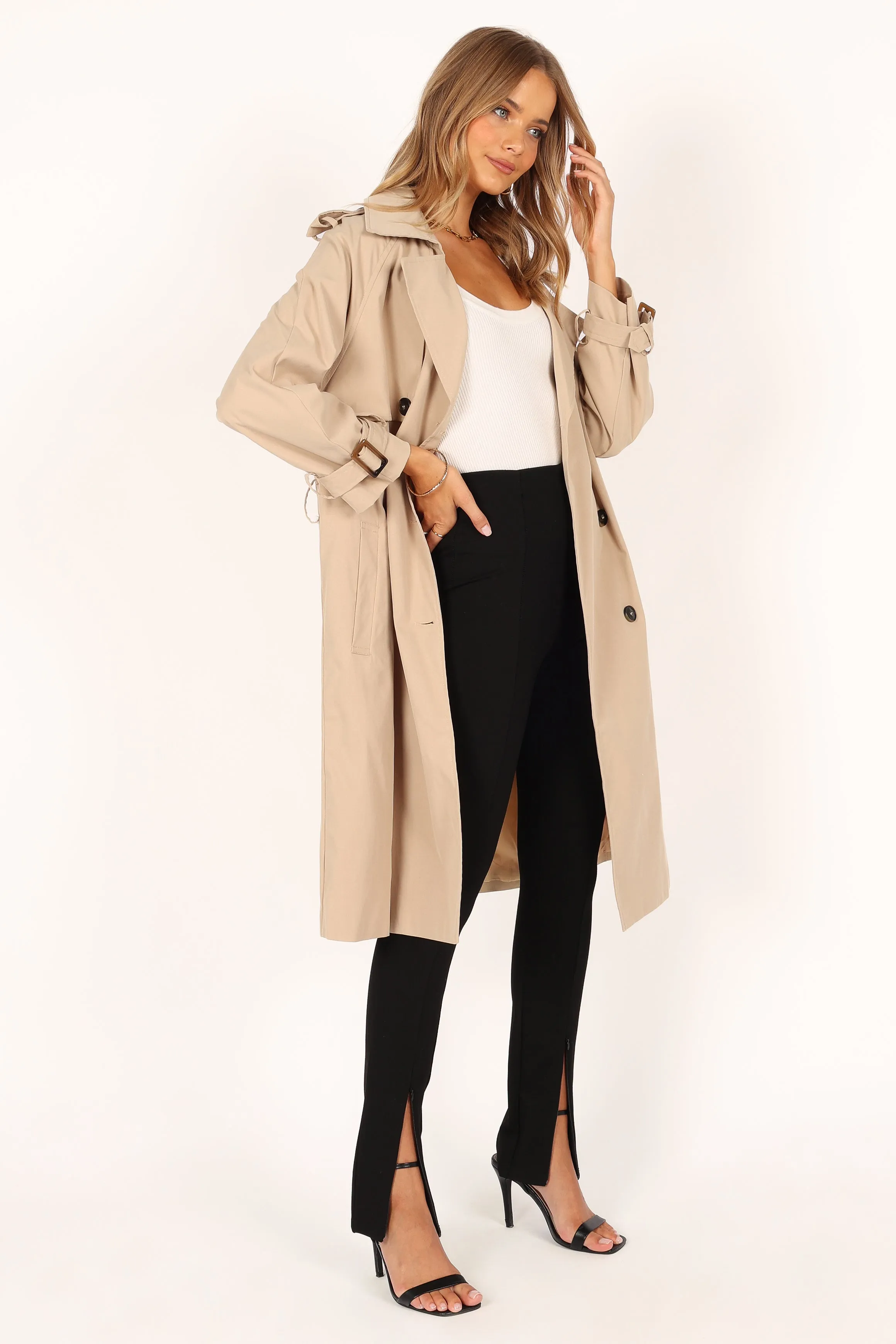 Trina Button Front Trench Coat - Beige