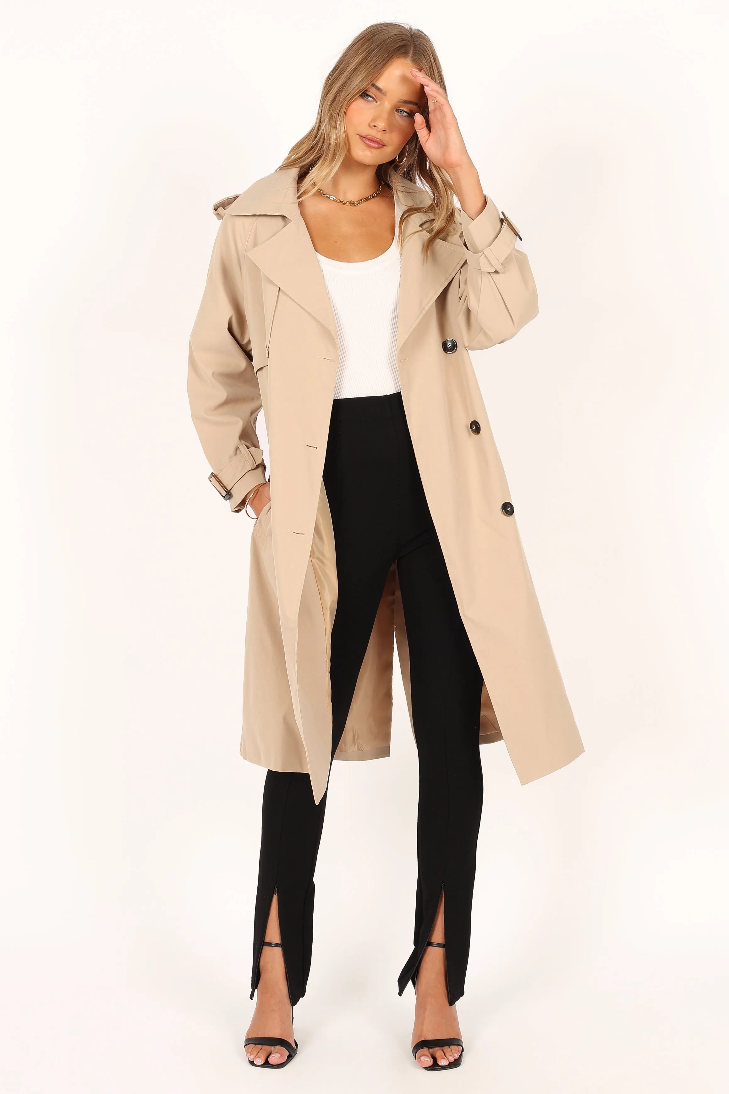 Trina Button Front Trench Coat - Beige