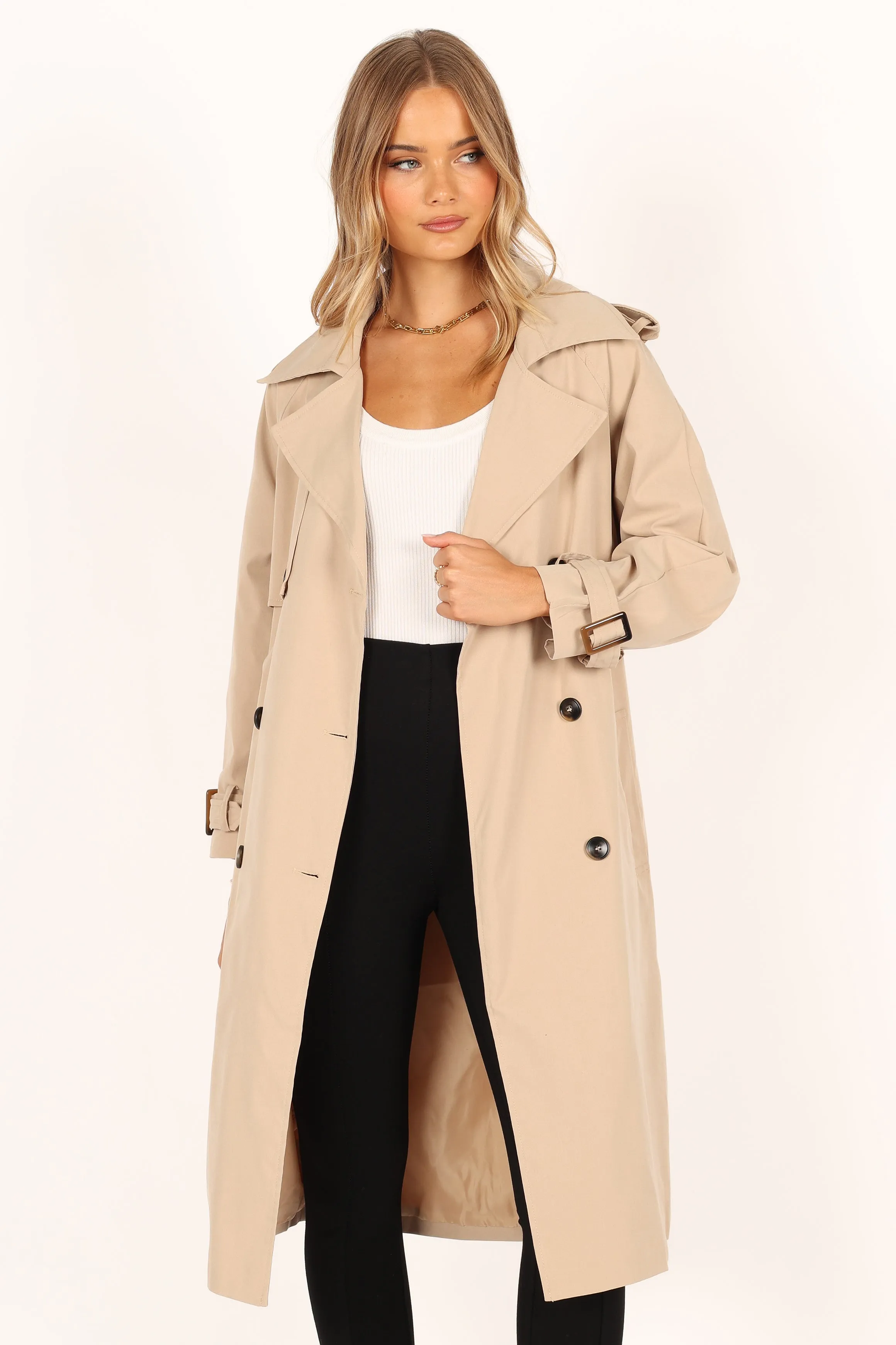 Trina Button Front Trench Coat - Beige