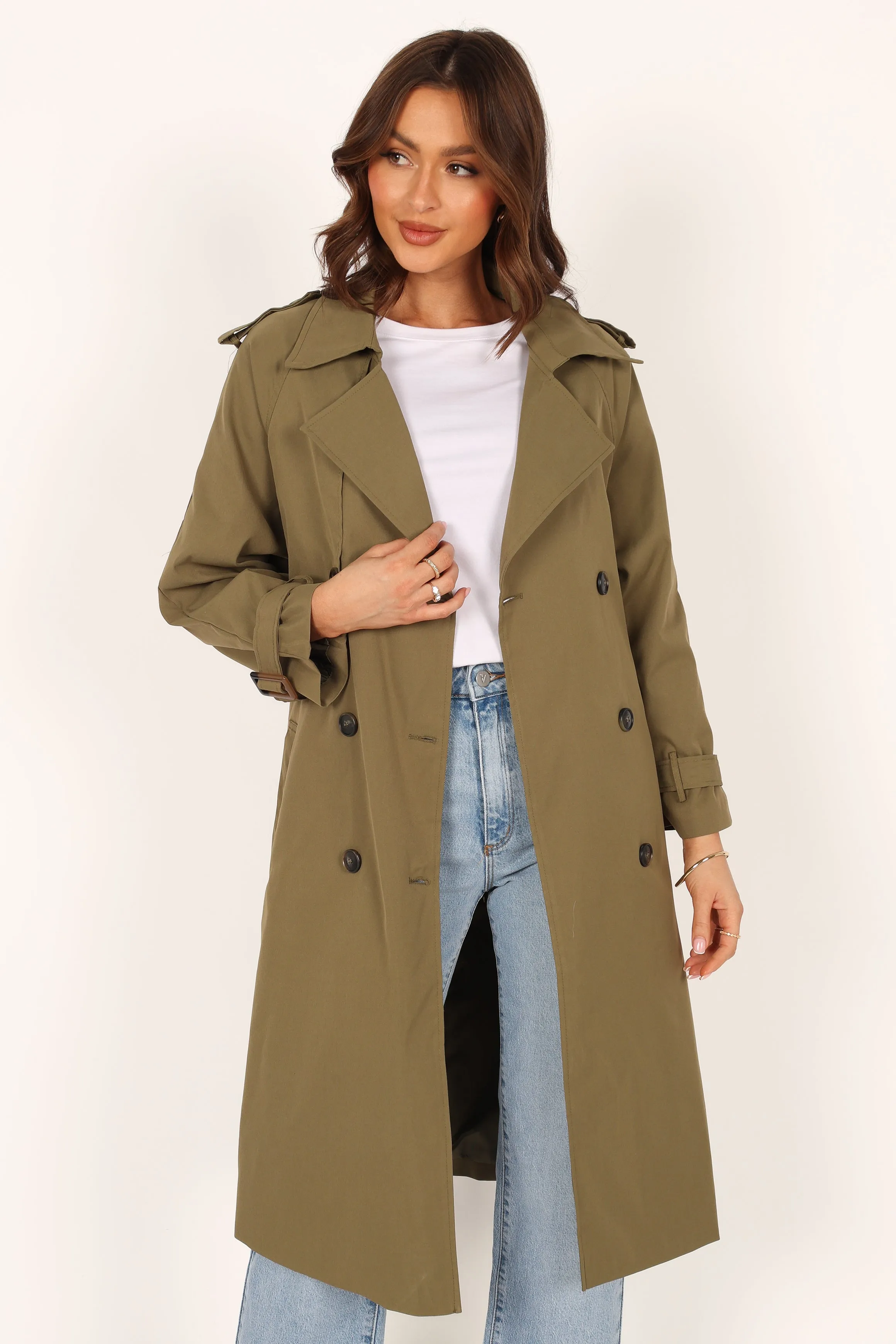 Trina Button Front Trench Coat - Olive