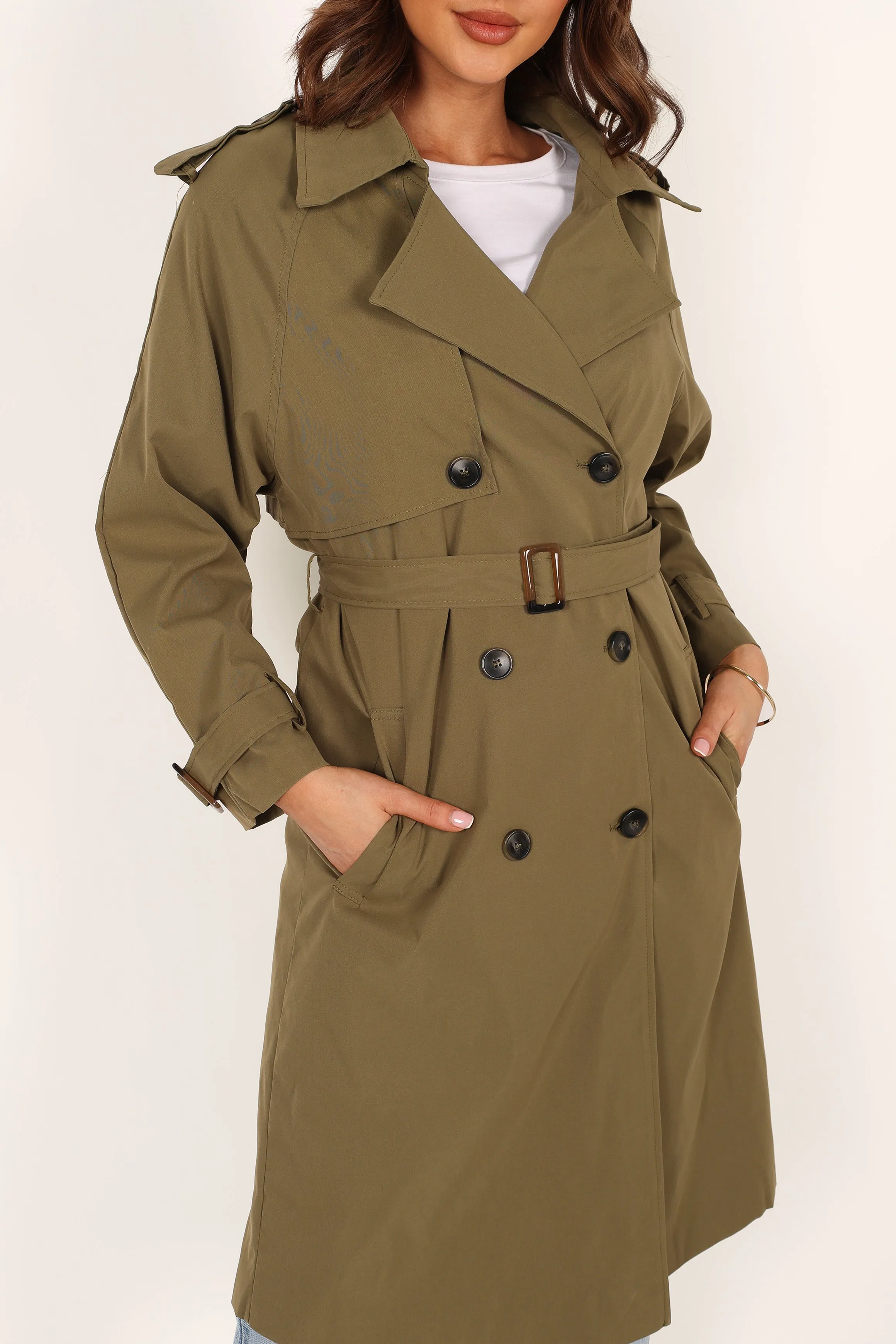 Trina Button Front Trench Coat - Olive