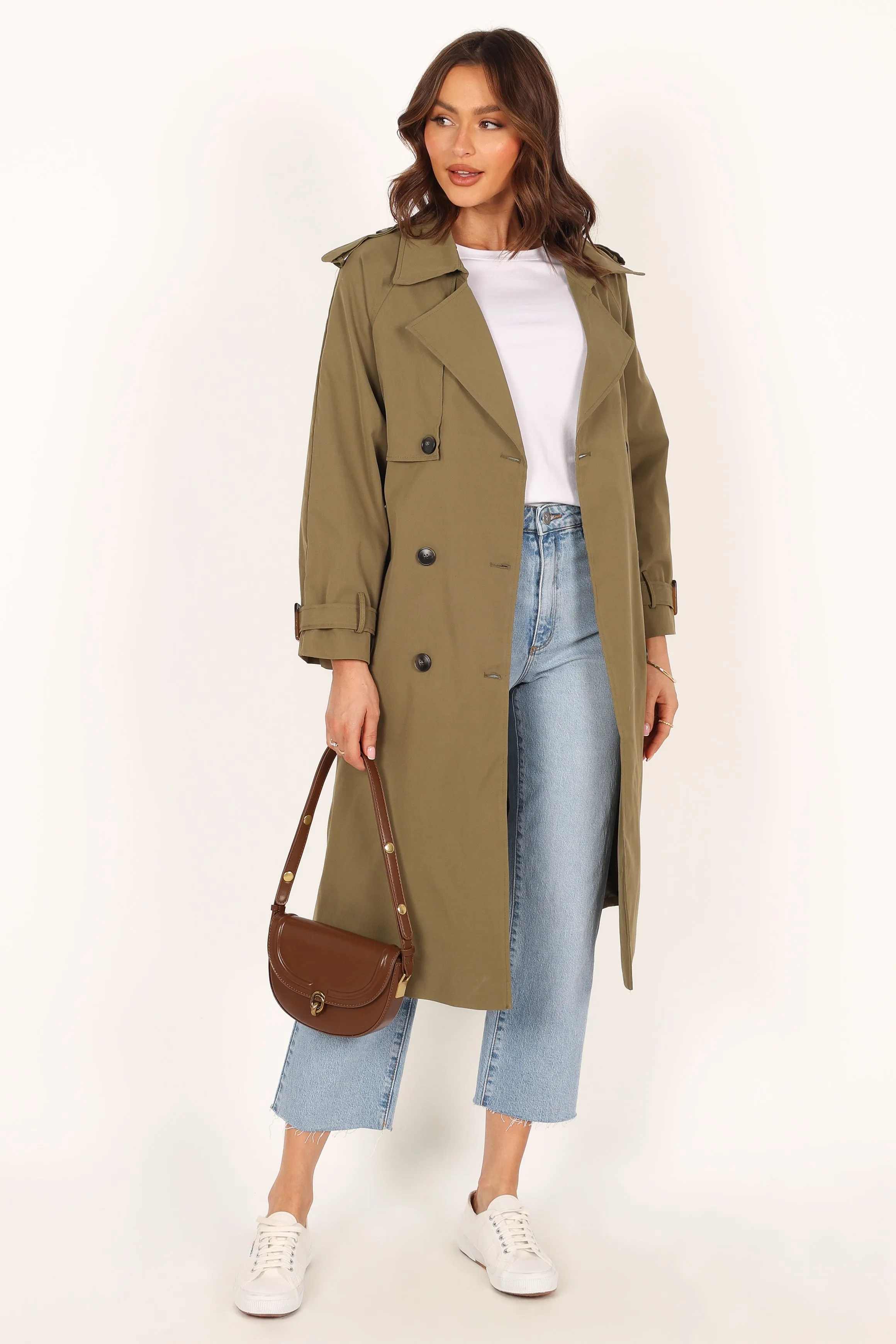 Trina Button Front Trench Coat - Olive