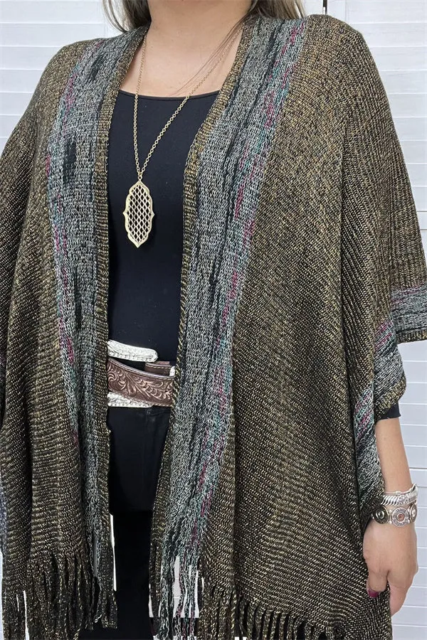 TTY11097 Gold & black multi color shawl w/tassels for women