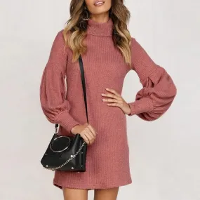 Turtleneck Lantern Sleeve Elegant Winter Sweater Casual Solid Midi Dress