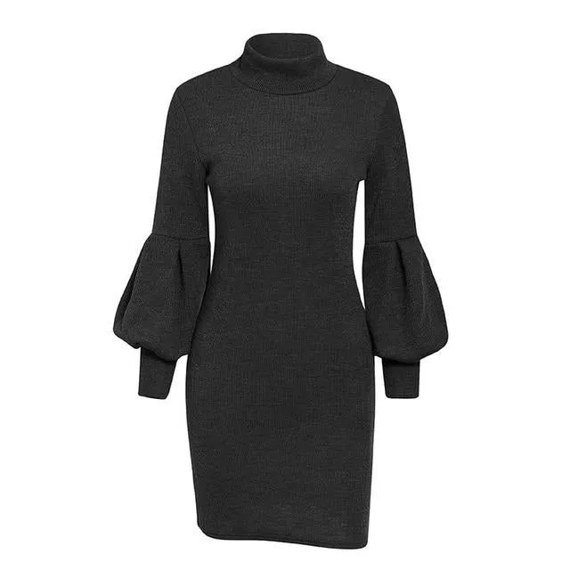 Turtleneck Lantern Sleeve Elegant Winter Sweater Casual Solid Midi Dress