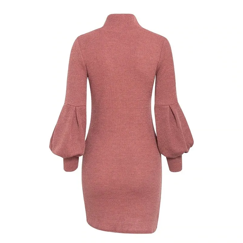 Turtleneck Lantern Sleeve Elegant Winter Sweater Casual Solid Midi Dress