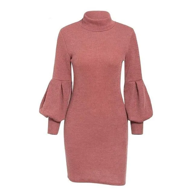 Turtleneck Lantern Sleeve Elegant Winter Sweater Casual Solid Midi Dress