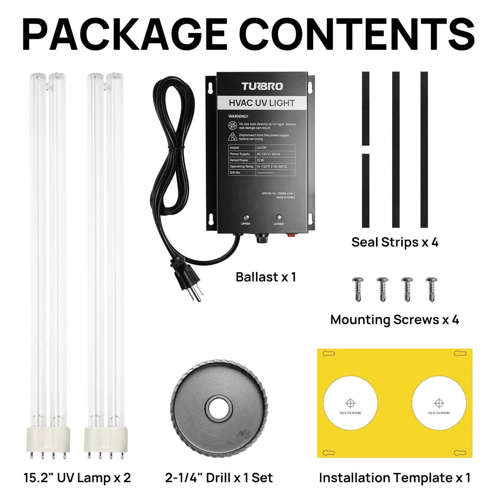 UV72P 72W UV Light Kit for HVAC Duct Cleaning, Direct plug-in (120V)