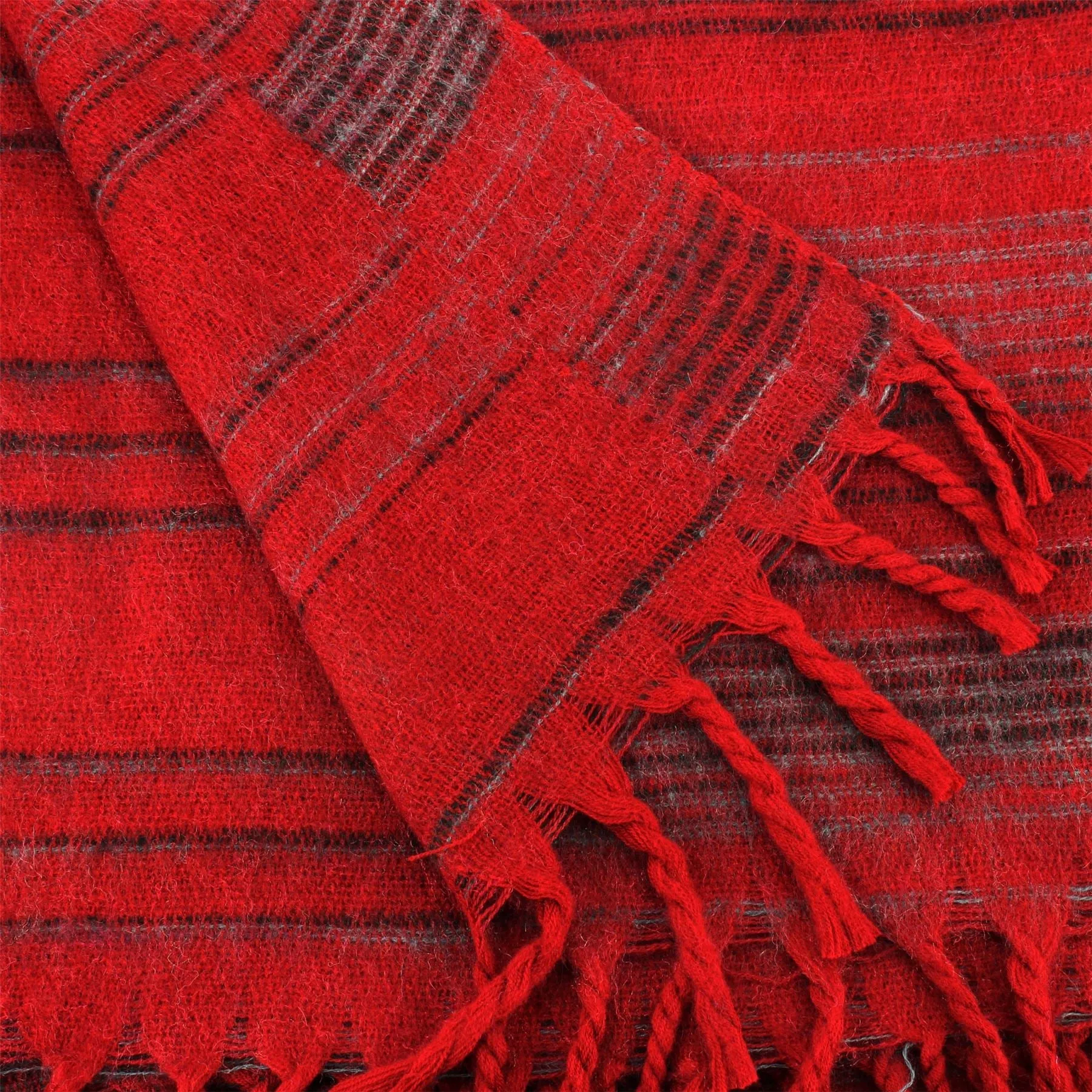 Vegan Wool Shawl Blanket - Stripe - Red Grey