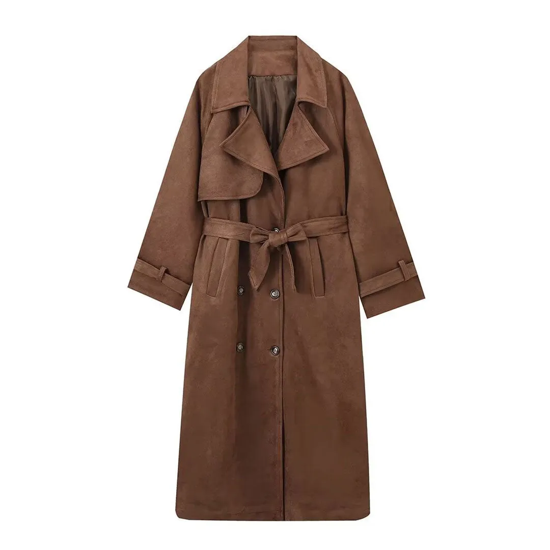 Vintage Notch Lapel Double Breasted Belted Faux Suede Trench Coat