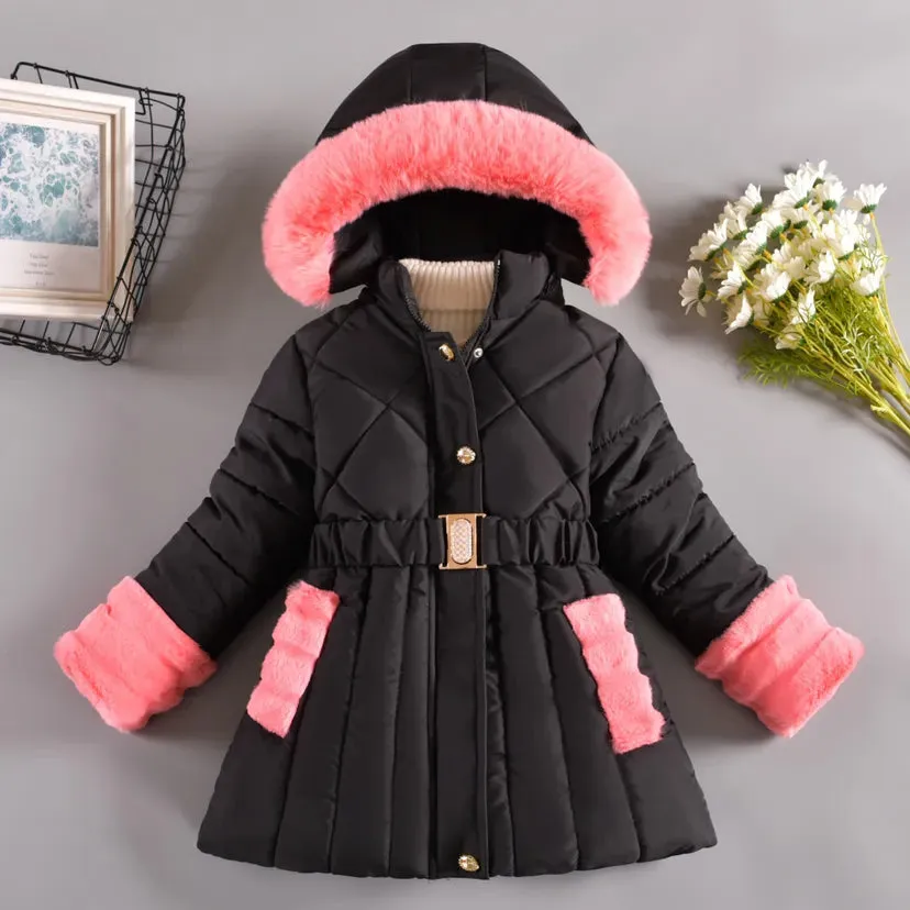 Warm Winter Girls Jacket Detachable Hat Plush Collar Hooded Padded Lining Coat For Kids Children