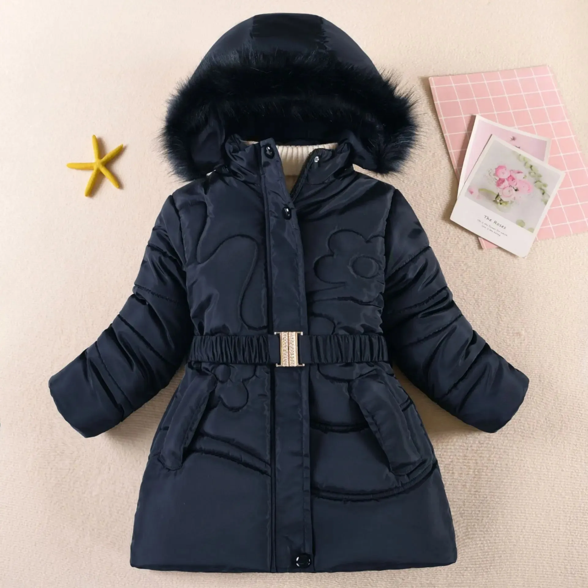 Warm Winter Girls Jacket Detachable Hat Plush Collar Hooded Padded Lining Coat For Kids Children