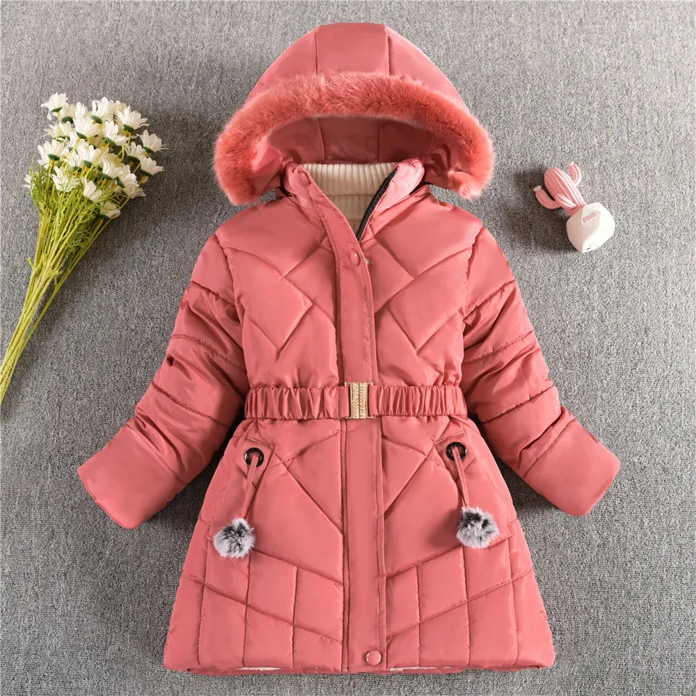 Warm Winter Girls Jacket Detachable Hat Plush Collar Hooded Padded Lining Coat For Kids Children